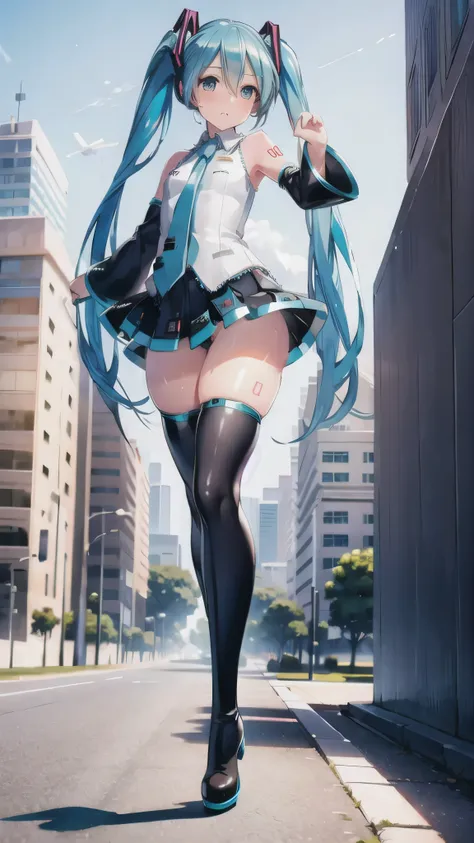 (highest quality, masterpiece, High resolution, super detailed, fine skin, complicated eyes, perfect anatomy:1.2), (hatsune miku:1.5), (cute face, low length:1.6), break (blush, Sweat, glowing skin, null, to the city, Airplane flies, skirt lifted by the wi...