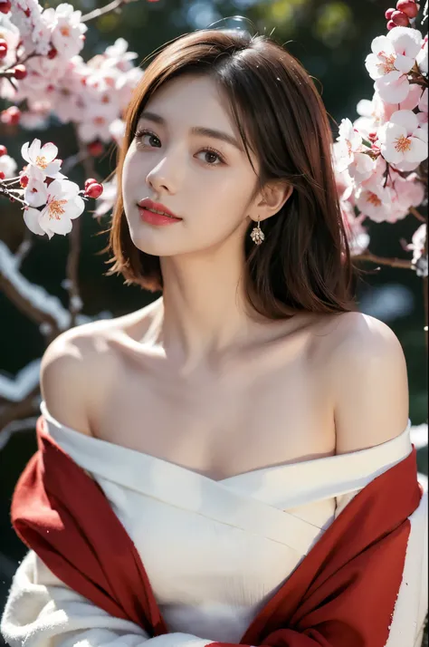 (((best quality))),(((ultra detailed))),(((masterpiece))),illustration,1girl,bare shoulders,bare tree,branch,small breasts,slim,detailed eyes,red cherry blossoms,earrings,jewelry,red lips,shoulder length straight bob hair,looking at viewer,nature,off shoul...