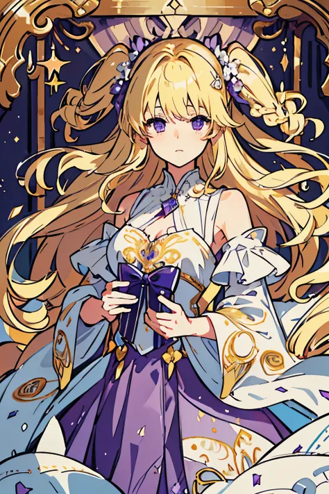 4K quality:1.2,1 girl,sense of depth,confused,catch light,Super beautiful illustration,(beautiful blonde,two side up hairstyle:1.3),;D,beautiful and delicate flowing hair,Delicate and detailed purple eyes:1.2,emphasized chest