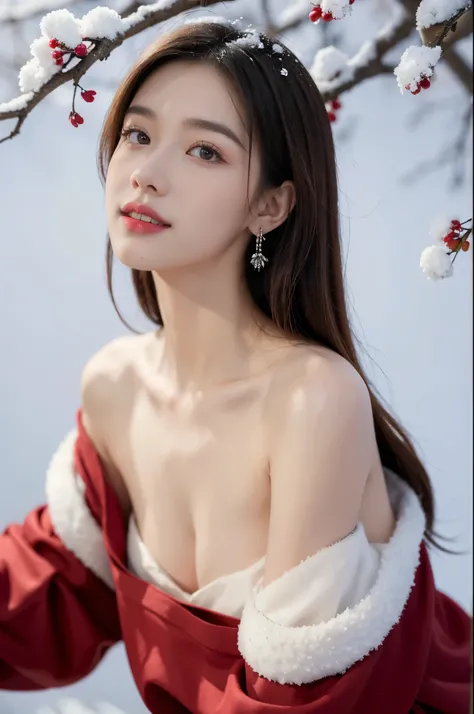 (((best quality))),(((ultra detailed))),(((masterpiece))),illustration,1girl,bare shoulders,bare tree,branch,small breasts,slim,detailed eyes,red plum blossom,earrings,jewelry,red lips,shoulder length straight bob hair,looking at viewer,nature,off shoulder...