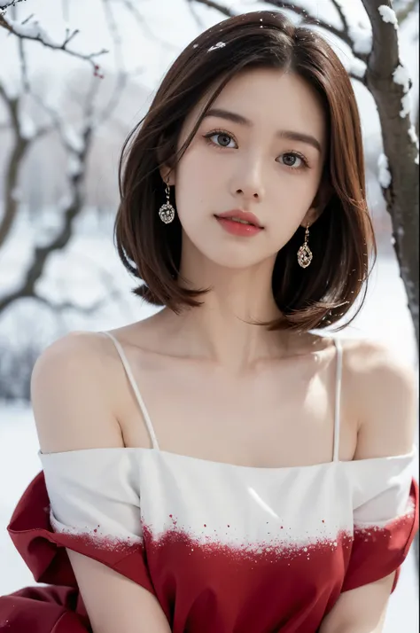 (((best quality))),(((ultra detailed))),(((masterpiece))),illustration,1girl,bare shoulders,bare tree,branch,small breasts,slim,detailed eyes,red plum blossom,earrings,jewelry,red lips,shoulder length straight bob hair,looking at viewer,nature,off shoulder...