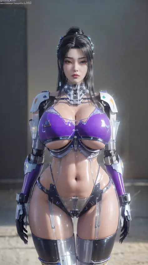 REALISTIC MODEL VONNYFELICIA, CLOSE UP UPPER BODY,SOLO, (BLACK FRONT BANGS WAVY HAIR:1.3), (MASSIVE FAKE BOOBIES,BIG BUTTOCKS,CLEAVAGE,SLIM WAIST,11 LINE ABS:1.5), ((WEARING TRANSPARENT MECHANICAL SAMURAI SKIMPY ARMOR SET (MECHA BLACK NEON,PURPLE,WHITE SNI...