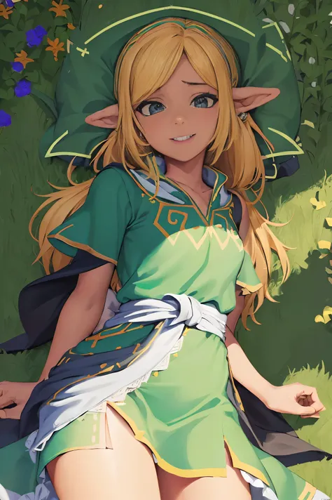 ((obra de arte,melhor qualidade)), absurdos, semente_Zelda,  vestido verde, cinto, Triangles, Sozinho, sorridente, olhando para o espectador, tiro de vaqueiro,