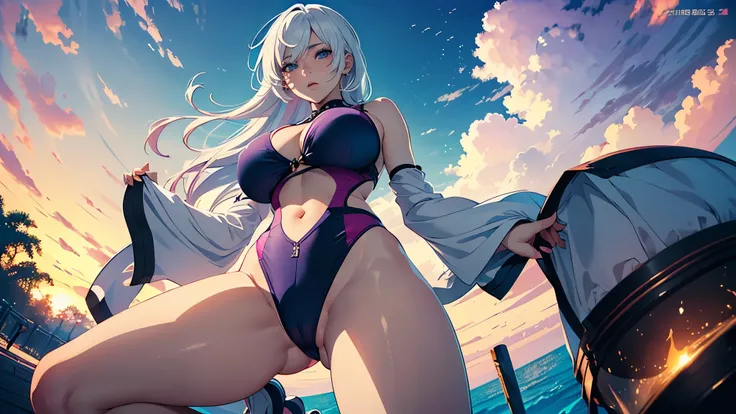 (only one girl, 1girl, one girl, full body, white hair, in blue swimsuit, tight clothes, blue alluring eyes, thick thighs, very thin waist, slim hips, open legs, cameltoe, big cameltoe, big pussy), ((anime-style artwork),colorful shades, Hyper detailed, hi...