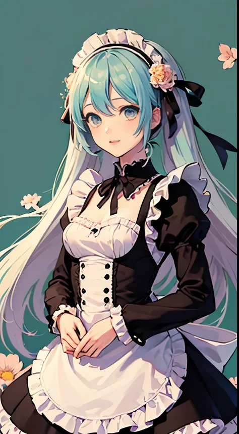 ((masterpiece, high quality)),((1 cute girl:1.2)),(:1.2),hatsune miku,((anime style:1.2)),(small breasts),Chubby:1.2,(beautiful eyes),((frills maid dress)),frills,ribbon,((multi-colored long hair:1.3)), ((flower background:1.2)),break