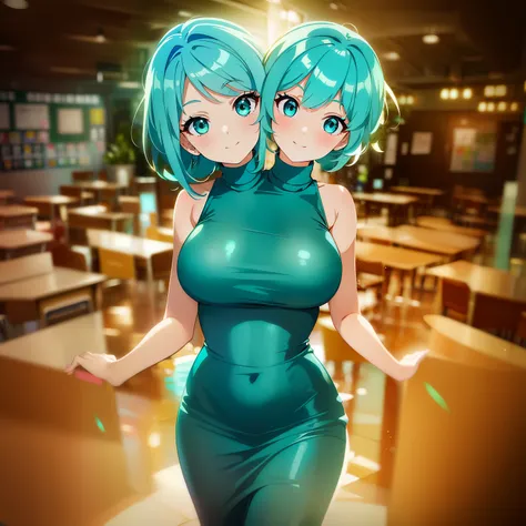 (masterpiece),(ultra-detailed), (high quality), (high resolution), (best quality:1.5, highres, UHD), highres, absurdo, ultra detail, ultra quality, Ultra resolution, 16k, ((2heads:1.5(), teal hair, turquoise eyes, casual wear, turquoise turtleneck, strong ...