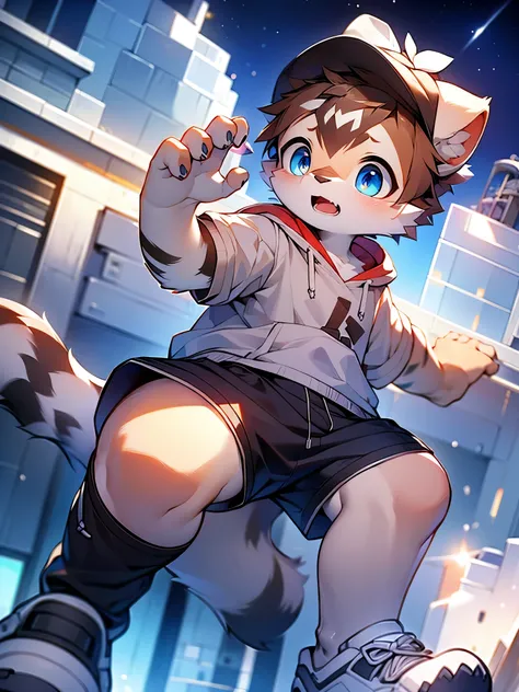 Civet cat, solo, little boy, cute, with brown and white fur, big blue eyes, light brown hoodie, off white beret, white shorts, white football socks, black sneakers, surprised expression, open mouth, tail, night, rooftop, beautiful starry sky, octane render...