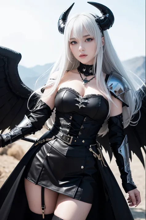 (  absurdly , high quality , Super detailed ) ,( sword hand detail ) , ((Black Knight、BlackKnight))、1 girl, alone,  very white white hair, 美しいクリスタルのeye ( eye ) baroque, necklace, elegant, colorful、mini skirt、black wings and giant devil horns