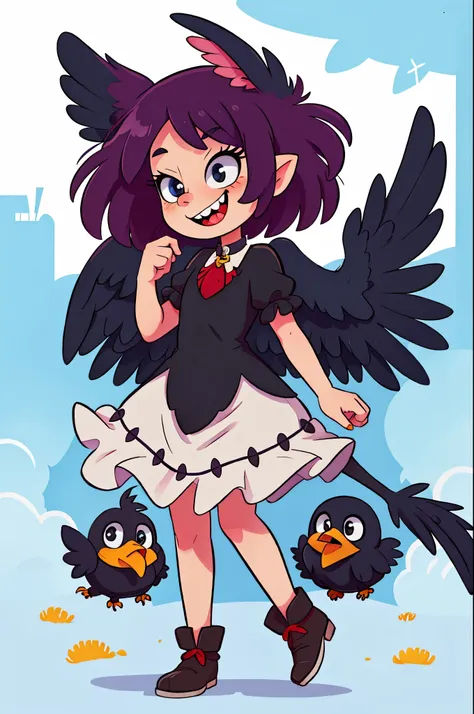 1girl, Masterpiece, perfect, Cute, Adorable, Harpy, Crow girl, Crow, Black feathers, sharp teeth, smiling, smug, Dress, Facing user,