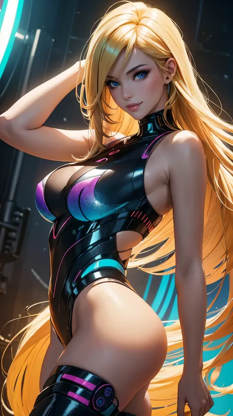 (best quality,ultra-detailed,photo-realistic:1.37),bright and vibrant colors,studio lighting,playful expression,stylish makeup,long blonde hair flowing in the wind,alluring eyes,glossy lips,sexy pose, Cyberpunk, hangar, smiling in a confident and seductive...