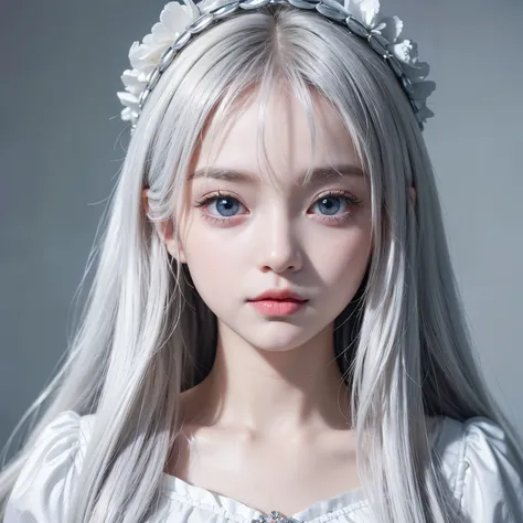 highest quality、masterpiece、(realistic:1.2), (((3-year-old, , Very cute and baby-like face)))、super long straight hair、white hair color, bangs between the eyes、white skin、glowing skin、 puff sleeve princess dress、cottage core、 frontage、detailed face、so beau...