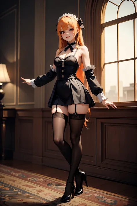 ((masterpiece, best quality, absurdres, highres, ultra detailed, high resolution, very fine 8KCG wallpapers)), 1 girl, solo, light smile, long hair, orange hair, bangs, orange eyes, medium breasts, gothic dress, long sleeves, stockings, classic high heels,...