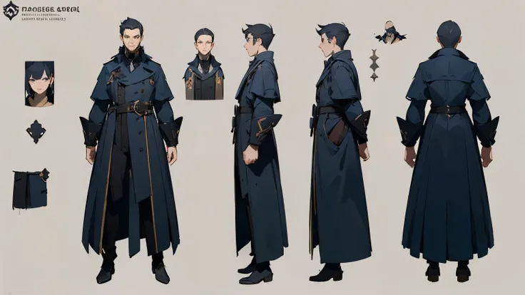 ((best quality)), ((masterpiece)), (detailed), perfect face, a back view, side view and front view poses of a man in a long coat, detailed full body concept art, male character design, full body character concept art, 8 k character concept art, full charac...