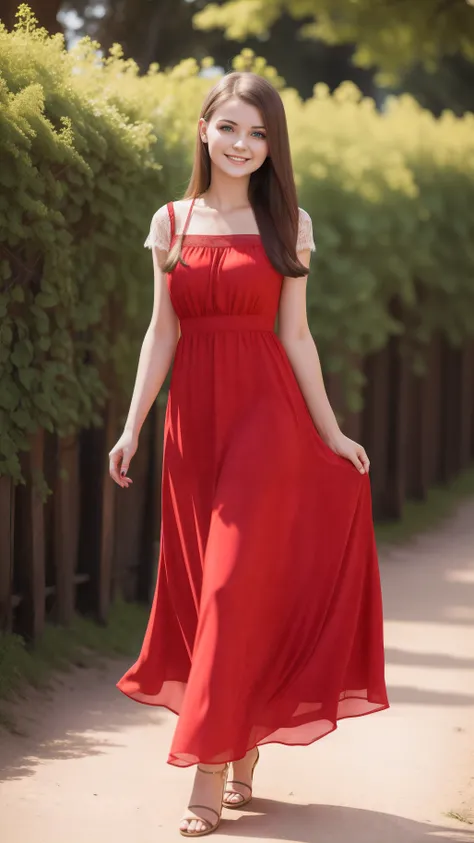 Ukrainian female 24 years old, smile, 「wearing a red long dress」,