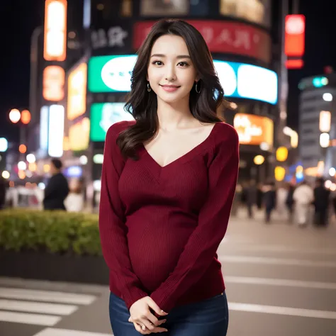 (highest quality、table top、8k、best image quality、Award-winning work)、one beautiful woman、25 years old、perfect dynamic composition、big and full breasts、[clavicle]、(Wine red thick V-neck knit:1.1)、(Knit that fits perfectly to the body:1.1)、(perfect v-neck kn...