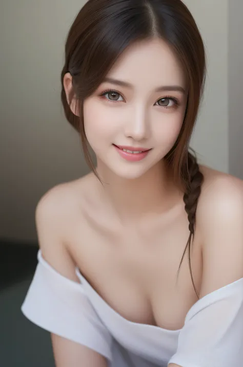 (1girl), (Ultra realistic, high res), (highly detailed eyes, highly detailed hair, highly detailed face, highly detailed plump lips), (off shoulder with open breasts), breasts, upper body, caute smile, (best quality:1.4), Raw photo, (realistic, photo-reali...