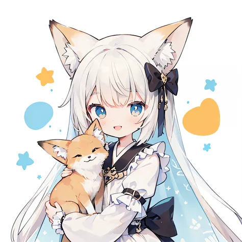 (cute illustration:1.3)、smiling fox、Wearing a beautiful ruffled dress and veil：1.3，Little、white background