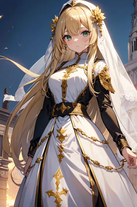 4k,High resolution,one woman,blonde,long hair,green eyes,nun,nunのドレス,white holy armor,white veil,jewelry embellishments,gold decoration,long sword,city of ruins,End of the century,dusk sky