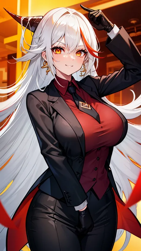 closed mouth, huge breasts, looking at the audience, white hair,,long hair,black horn,red multicolored hair,yellow eyes,,,,office lady,office room,standing,slim,business suit　,cowboy shot,,office lady,business suit,1 office worker,an office worker,necktie,...