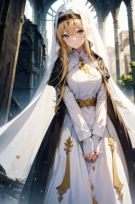 4k,High resolution,one woman,blonde,long hair,green eyes,nun,nunのドレス,white holy armor,white veil,jewelry embellishments,gold decoration,Holy sword,Ruined city of the future,End of the century,dusk sky