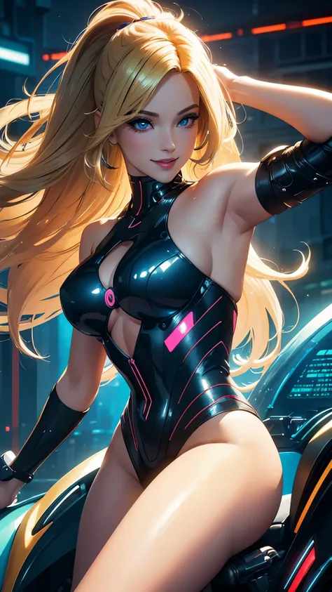 (best quality,ultra-detailed,photo-realistic:1.37),bright and vibrant colors,studio lighting,playful expression,stylish makeup,long blonde hair flowing in the wind,alluring eyes,glossy lips,sexy pose, Cyberpunk, hangar, smiling in a confident and seductive...