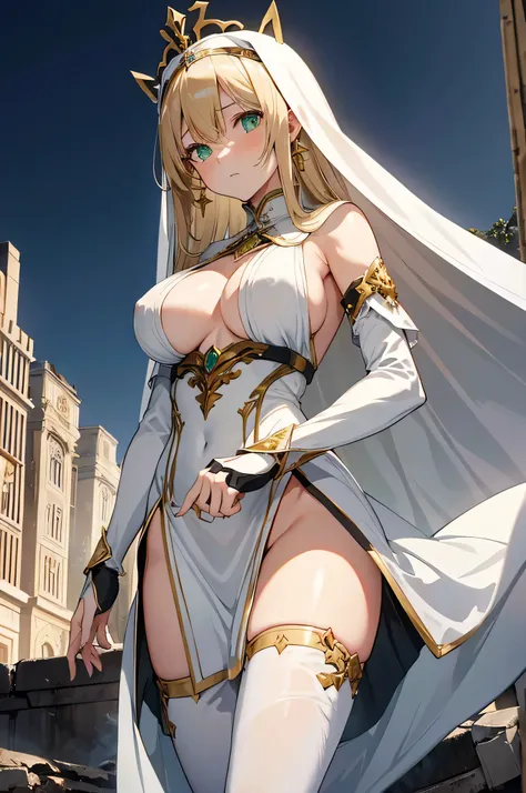 4k,High resolution,one woman,blonde,long hair,green eyes,big breasts,nun,nunのドレス,white holy armor,side boob,white veil,jewelry embellishments,gold decoration,long sword,Ruined city of the future,End of the century,dusk sky