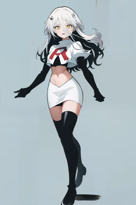 (absurdres, absurd resolution, highres, high resolution, best quality, masterpiece:1.1)
(solo, 1girl)
henya the genius, vshojo, yellow eyes,team rocket,team rocket uniform, red letter R, white skirt,white crop top,black thigh-highs,black elbow gloves