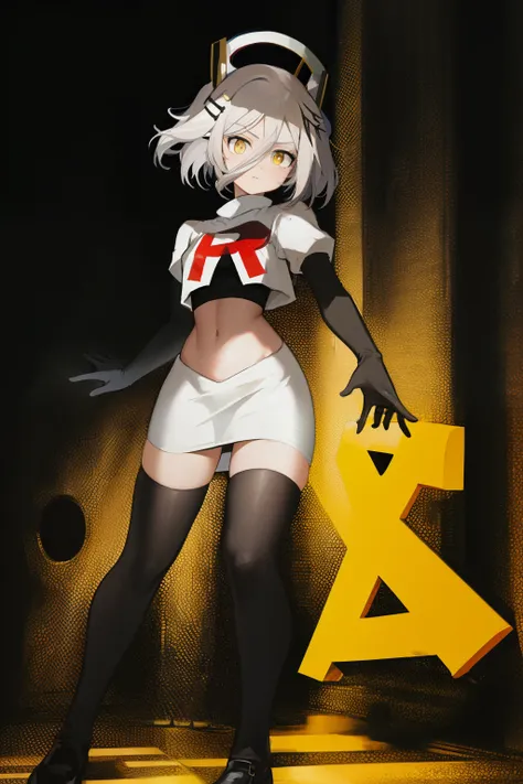 (absurdres, absurd resolution, highres, high resolution, best quality, masterpiece:1.1)
(solo, 1girl)
henya the genius, vshojo, yellow eyes,team rocket,team rocket uniform, red letter R, white skirt,white crop top,black thigh-highs,black elbow gloves