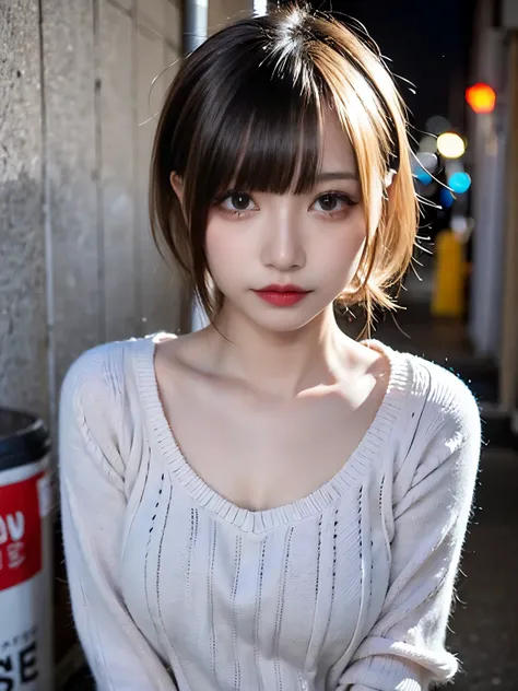 raw photo, 8k, (top-quality), Realistic, (real picture, Intricate details), (natural skin texture, detailed skin, hyper realism, sharpness), (Japanese teenage girl standing in a dirty back alley at night, folding arms, graffitied wall:1.3), ((white hand-kn...