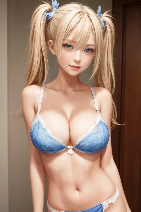 Illustration of illustration of model in bra and panties, 1 girl, chest, alone, blonde hair, belly button, large chest, twin tails, removed sleeve, cover, looking at the viewer, open your mouth, cleavage, blue eyes, smile, cover page, blush