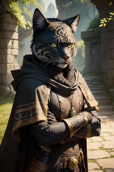 ((masterpiece)),((best quality)),((high detail)),((realistic)), middle-aged panther tabaxi with green eyes and black fur, humanoid, anthro wearing medieval armour and a cloak, hunter profession, adventurer, full body art, dnd character, dry and rocky backg...