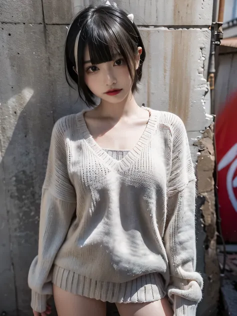 raw photo, 8k, (top-quality), Realistic, (real picture, Intricate details), (natural skin texture, detailed skin, hyper realism, sharpness), (Japanese teenage girl standing in a dirty back alley at night, folding arms, graffitied wall:1.3), ((white hand-kn...