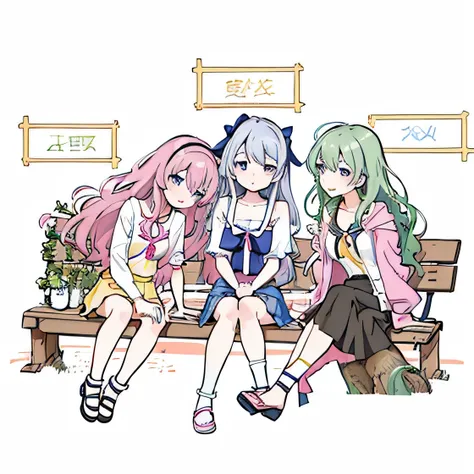 three anime girls sitting on a bench with their legs crossed, infp girl, pixiv style, inspired by Ib Eisner, infp young woman, pixiv, in anime style, at pixiv, ddlc, anime visual style, anime asthetic, ig studios anime style, trending on pixiv, top rated o...