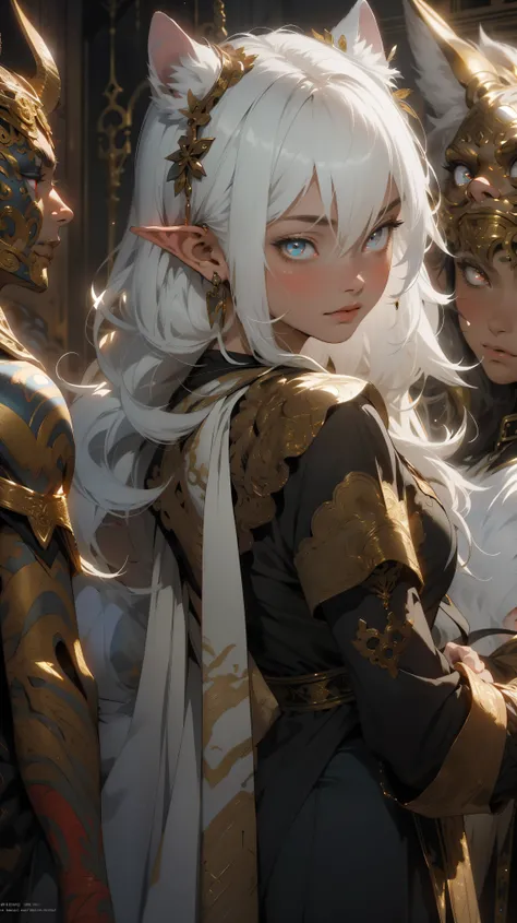 Realistic, (masterpiece, top quality, best quality, official art,), very detailed, most detailed, (1girl:1.3), gods, white hair, (glowing red eyes), mysterious, (magic), handsome woman, , gold ornaments,elf ears
