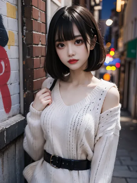 raw photo, 8k, (top-quality), Realistic, (real picture, Intricate details), (natural skin texture, detailed skin, hyper realism, sharpness), (Japanese teenage girl standing in a dirty back alley at night, hands on head, graffitied wall:1.3), ((white hand-k...