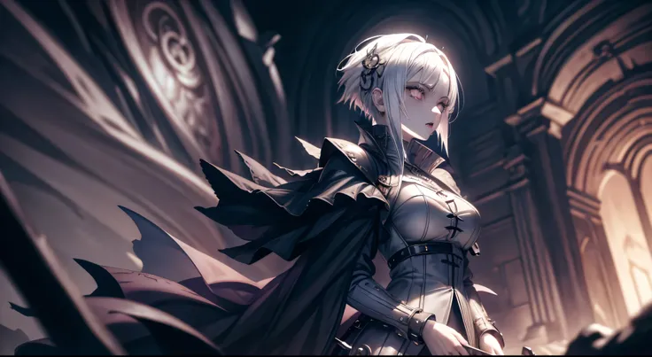 Anime girl with white hair and asymmetrical gothic style haircut, pale skin, sobrancelhas brancas, light pink iris, black lipstick and extremely pointed dark gothic medieval armor. High-quality gothic style image transmission with white-haired anime girl, ...