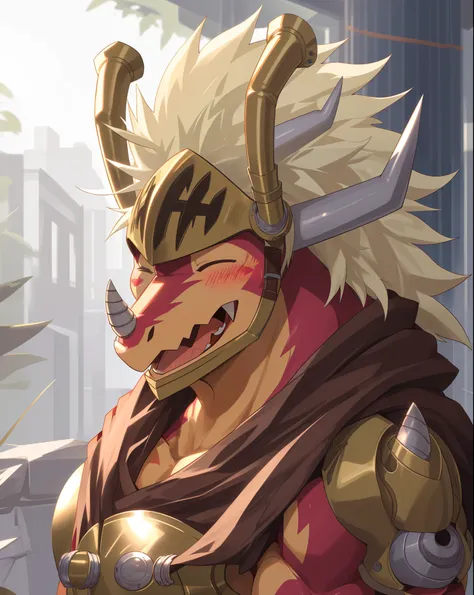 drum bunker dragon, helmet, anthro, dragon, male, armor, solo, horn, claws, scalie, blonde hair, muscular,
bust portrait, one eye closed, laugh, blush,
kemono, detailed background