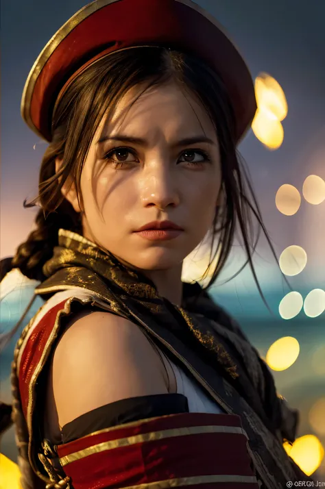 A bold and brave pirate captain at the helm of her ship., su mirada fija en el horizonte lejano. Su rostro curtido cuenta historias de innumerables batallas y aventuras., framed by tousled hair and a determined expression. The photo captures the essence of...