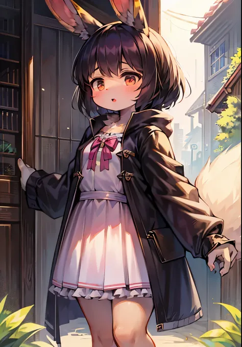 Bunny Girl，bunny ears，Characteristics of a three-year-old girl，female focus，Furry women ，Furry loli，black hair ，Height 1.6 meters，summer coat，short skirt