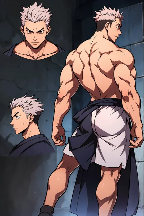 character sheet style, the character is an young man, arataki itto, yuji itadori face, muscular, white hair, with boxer shorts, ...