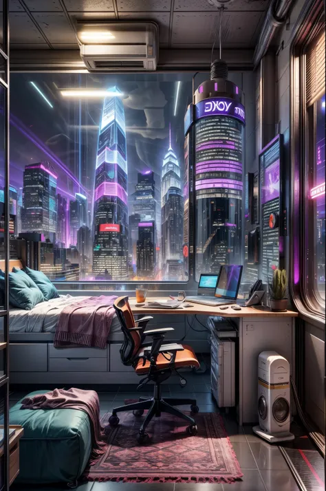 ((masterpiece)), (ultra-detailed), (intricate details), (high resolution CGI artwork 8k), Create an image of a retro futuristic cyberpunk bedroom. One of the walls should feature a big window with a busy, colorful, and detailed cyberpunk cityscape. Futuris...