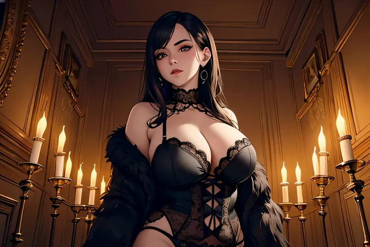 ((best quality)), ((masterpiece)), (detailed), perfect face, Gothic sexy teen girl with black transparent lingerie and giant mastiff dog walking inside the Gothic dungeon of her luxury palace,lit with maroon candles.