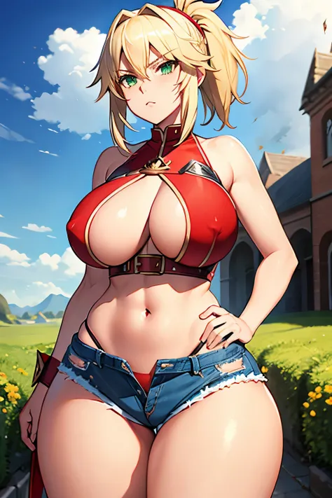 Mordred, Fate Apocrypha, beautiful face, Blonde hair, short hair, red headband, pony tail, green eyes, tall, massive breast, huge massive ass, wide hips, small waist, short denim shorts, 