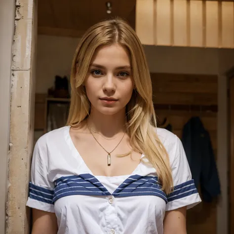 Blond hair woman in a sailer girl outfit , wearing a necklace that says Rico on it