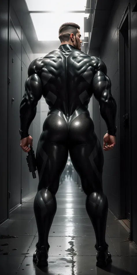 特别High背影, huge, and muscular police officer.，Dark silver khaki camouflage wetsuit，he faces the wall，Hold the wall with both hands，round butt，Highlights，character idea（Resident Evil - chris redfield，chris redfield）senior police officer，身穿Dark silver khaki c...