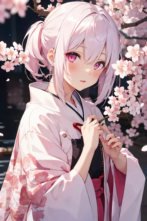 girl, cherry blossom, pink eyes, white hair