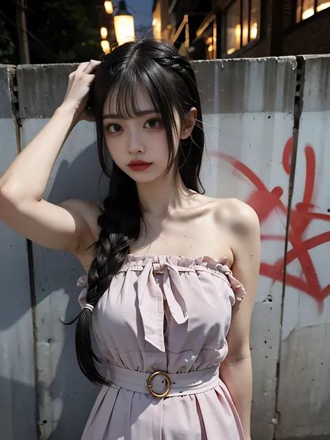 raw photo, 8k, (top-quality), Realistic, (real picture, Intricate details), (natural skin texture, detailed skin, hyper realism, sharpness), (Japanese teenage girl standing in a dirty back alley at night, hands on head, graffitied wall:1.3), ((jirai fashio...