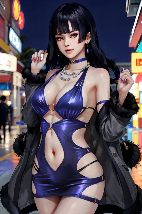 nyotengu, 1girl, solo, casino, bodycon, microdress, necklace, earring, navel, face focus, fur coat, face focus, night sky, beach