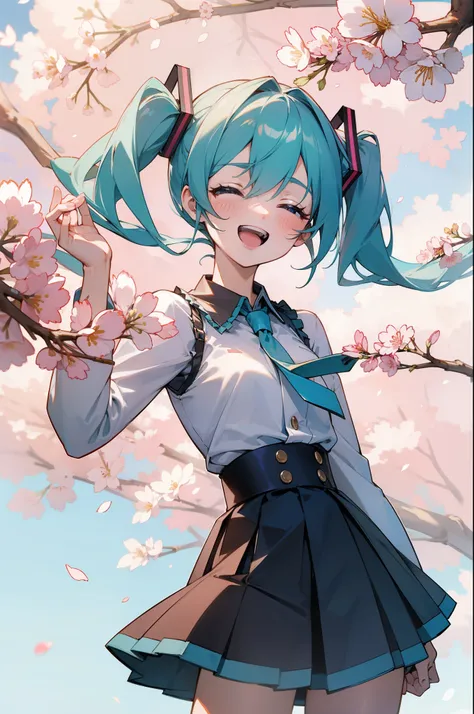 masterpiece, highest quality, High resolution, alone, Hatsune Miku, cowboy shot, laughter, open your mouth,pretty face, A road lined with cherry blossom trees in full bloom、空を見上げる