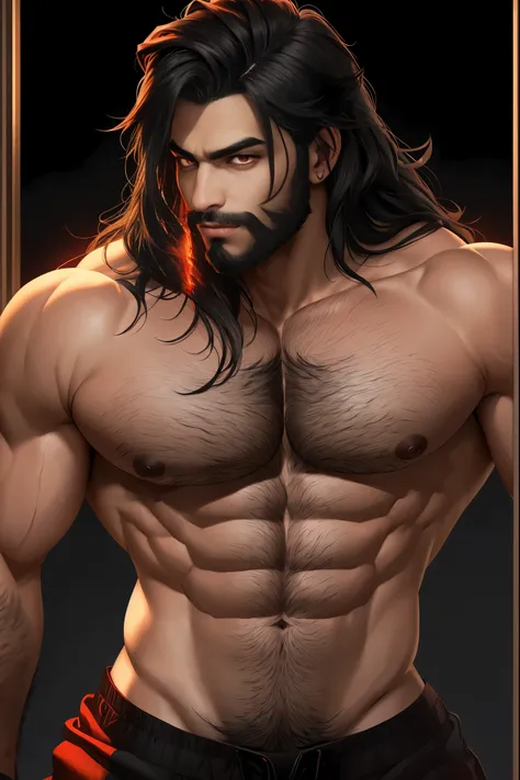 a sexy masculine werewolf in human form with body hair and short stubble beard, long black hair, glowing red eyes, defined abs, biceps, shoulders and perky nipples, 2d anime style, symmetrical face, masterpiece